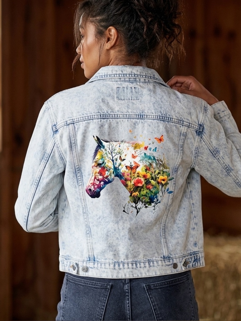 Handcrafted Wild Fable Light Blue Denim Jacket with a floral horse